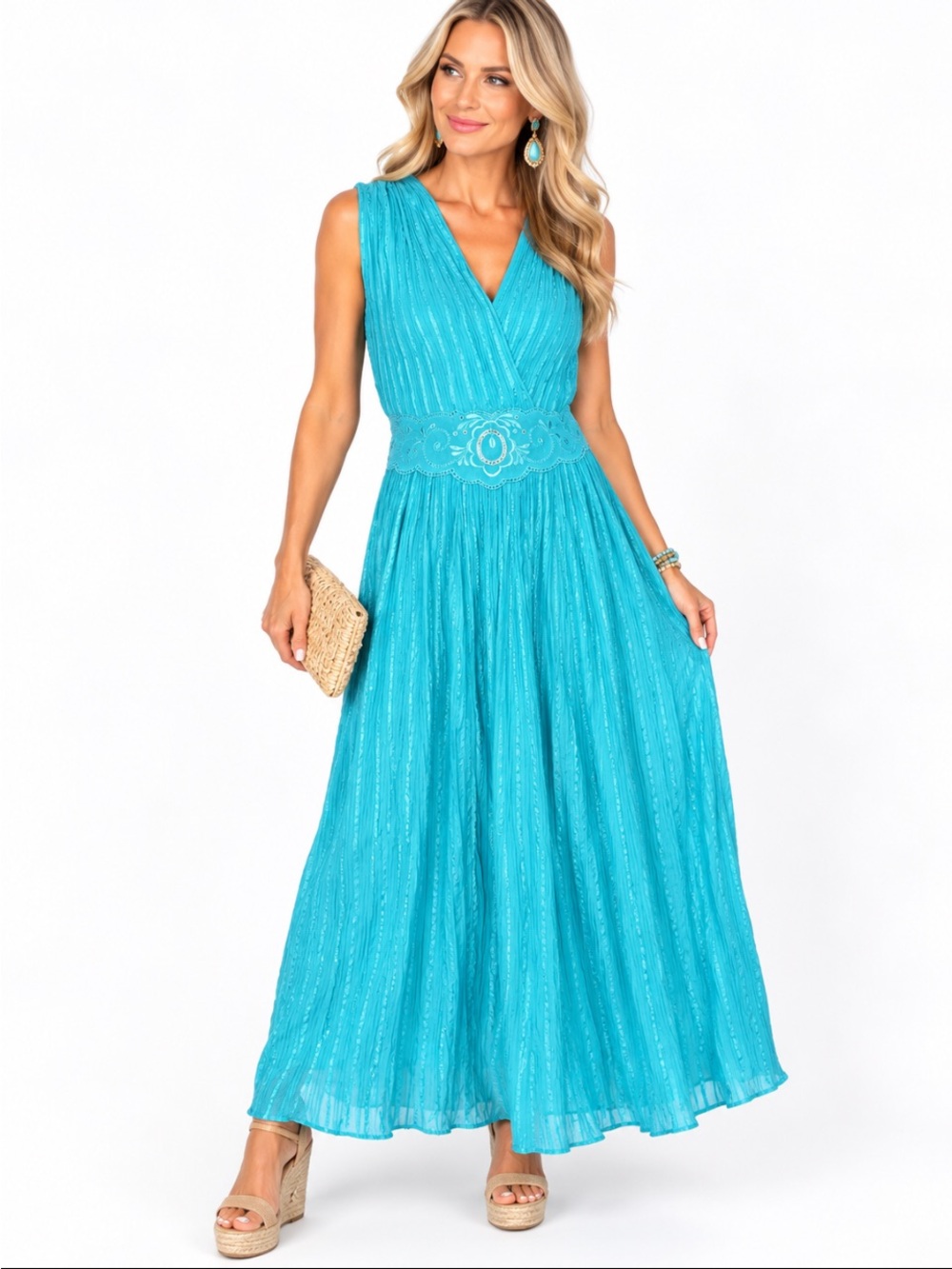 Made in Greece Turquoise Blue Pleated Embellished Waist Maxi Dress Size XL